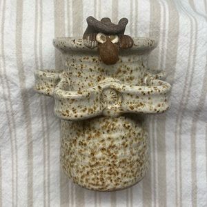 Vintage Signed Art Pottery Stoneware Toothbrush Holder/Cup with Cowboy Face